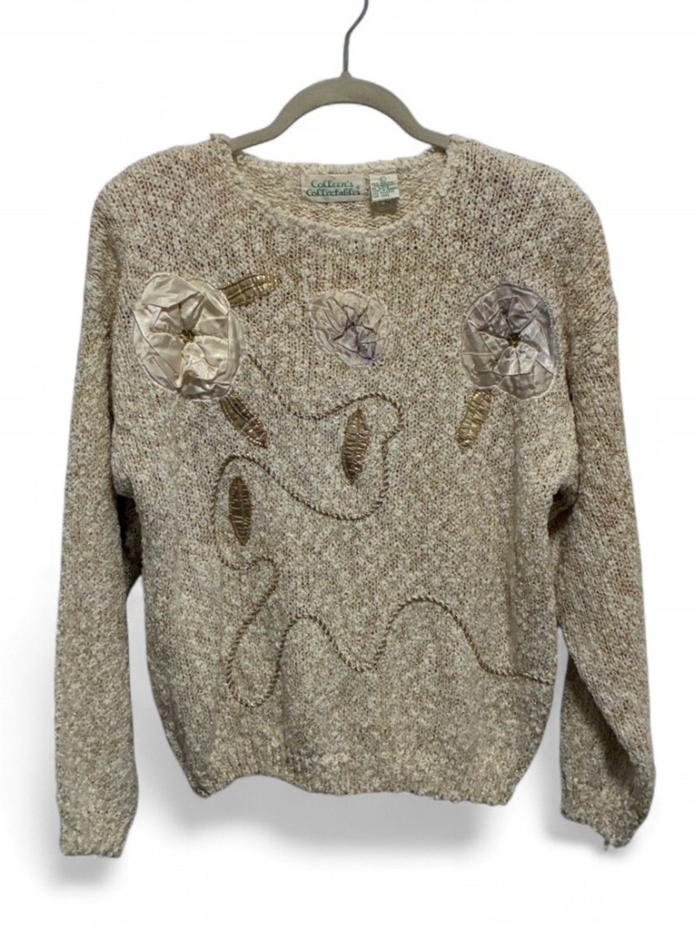 Vintage Colleen’s Neutral Cream Textured Women's Sweater with Floral Appliqués